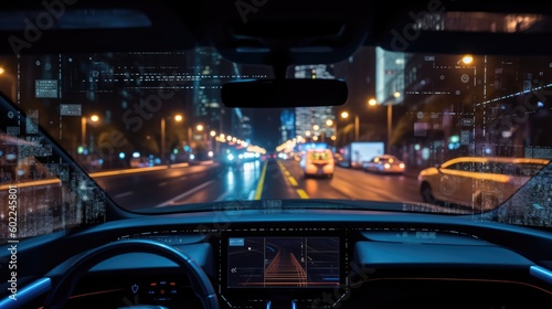 Autonomous driving, self-driving car drives itself in the city at night without human control.  Driver-less or robotic vehicle (robo-car). Generative AI © KikkyCNX