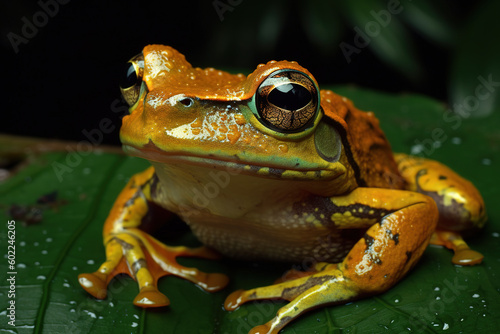 Image of frog on green leaf. Amphibian. Animals. Illustration. Generative AI.
