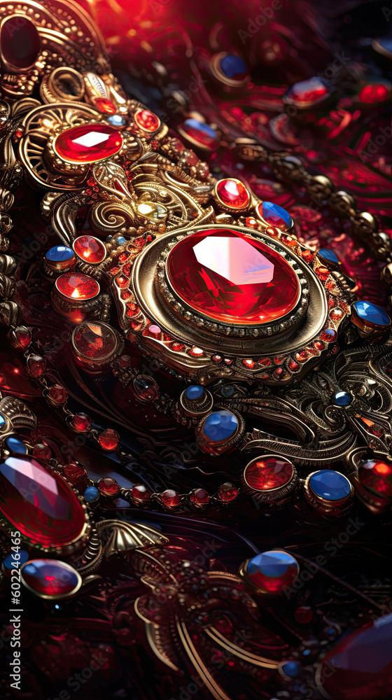 lots of gold jewelry with red gems Generative AI