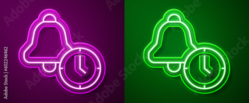 Glowing neon line Alarm clock icon isolated on purple and green background. Wake up, get up concept. Time sign. Vector