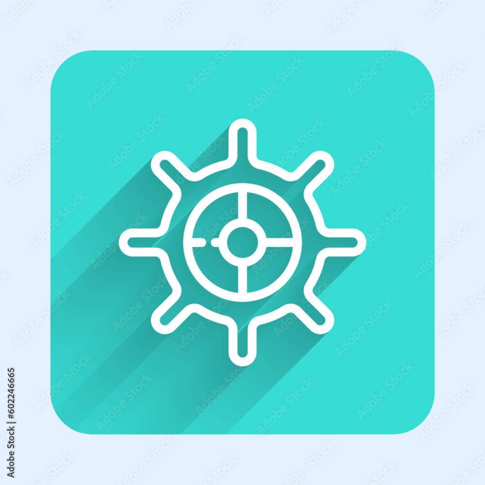 White line Ship steering wheel icon isolated with long shadow background. Green square button. Vector White line Ship steering wheel icon isolated with long shadow background. Green square button. Vector