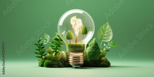 Eco friendly lightbulb with plants green background, Renewable and sustainable energy. Generative AI