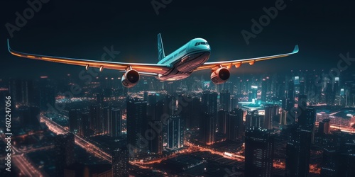 Plane flying at night over city, Cityscape with glowing light background. Generative AI
