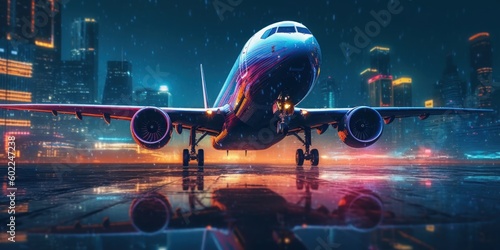 Plane on airport runway at night with cityscape glowing light background. Generative AI