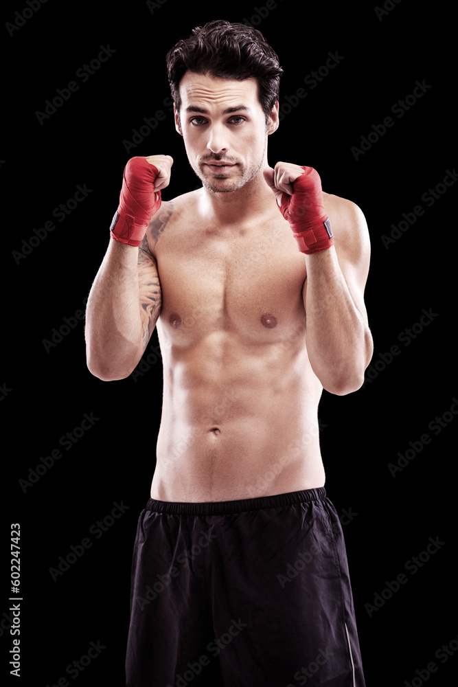 Boxing, man and portrait in studio for fitness exercise in competition martial arts training. Champion, fist and model for professional workout with focus on health and wellness goal at sport club. Boxing, man and portrait in studio for fitness exercise in competition martial arts training. Champion, fist and model for professional workout with focus on health and wellness goal at sport club.