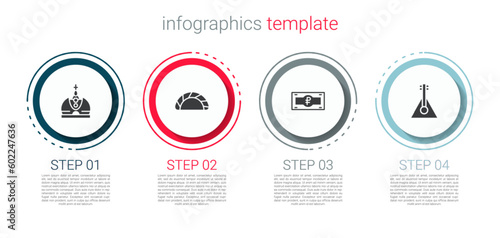 Set King crown, Dumpling, Russian ruble banknote and Balalaika. Business infographic template. Vector