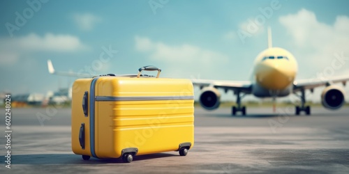 Traveler suitcase with airplane background, Summer vacation concept. Generative AI