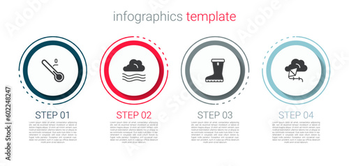 Set Meteorology thermometer, Windy weather, Waterproof rubber boot and Kite. Business infographic template. Vector