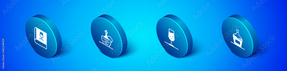 Set Isometric Book about wine, Wine glass, Old bottle of and italian fiasco icon. Vector Set Isometric Book about wine, Wine glass, Old bottle of and italian fiasco icon. Vector