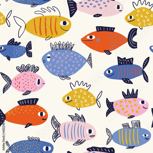 Vector hand-drawn colored childish seamless repeating simple flat pattern with fishes in scandinavian style on a white background. Cute baby animals. Pattern for kids with fish.