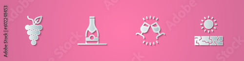 Set paper cut Bunch of grapes, Champagne bottle, Wine tasting, degustation and Drought icon. Paper art style. Vector
