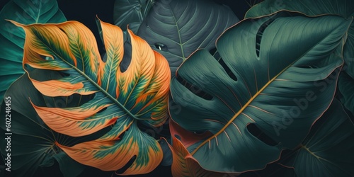 Tropical leaves background, Green abstract texture. Generative AI