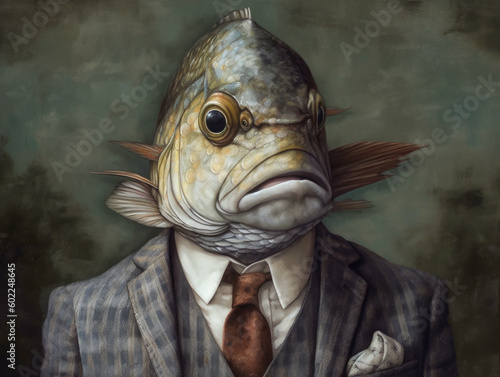 anthropomorphic portrait of fish in gray suit A fish with wide open mouth and big eyes in fishtank, Surprised, shocked or amazed face front view Generative AI