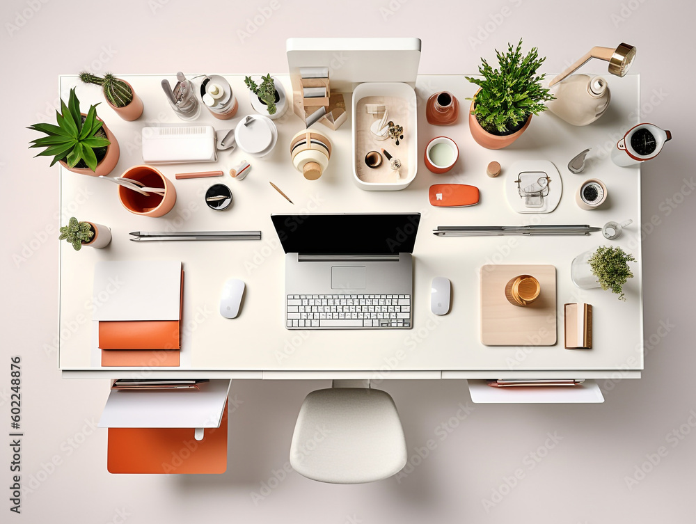 Modern Office Desk Layout Design Photo AI GeneratedModern Office Desk Layout with a Laptop on