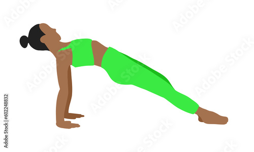 Flexibility pilates yoga pose. African American female, lady, woman, girl. Meditation, pilates, mental health, training gym. Vector illustration in cartoon flat style isolated on white background.