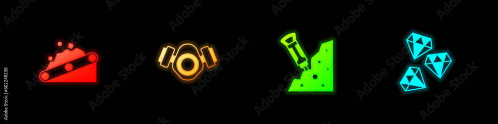 Set Conveyor belt carrying coal, Gas mask, Construction jackhammer and Gem stone icon. Vector Set Conveyor belt carrying coal, Gas mask, Construction jackhammer and Gem stone icon. Vector