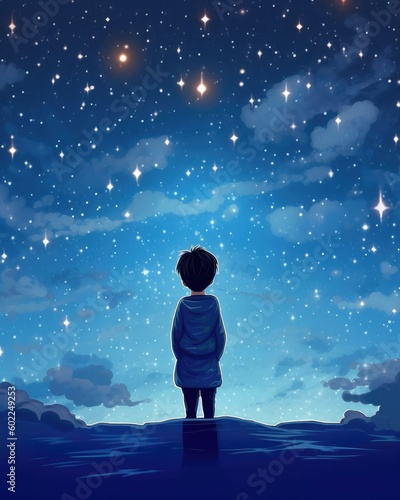 A boy gazes at a starry night sky with galactic glimmer. (Generative AI)
