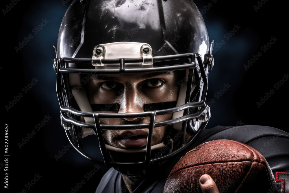 American football player in helmet holding rugby ball, Generative AI American football player in helmet holding rugby ball, Generative AI