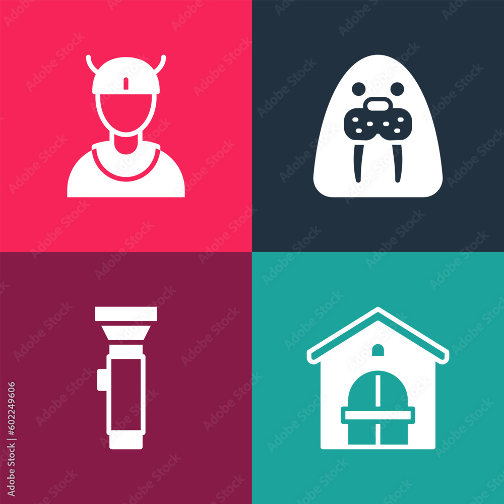 Set pop art Farm house, Flashlight, Walrus animal and Viking head icon. Vector Set pop art Farm house, Flashlight, Walrus animal and Viking head icon. Vector