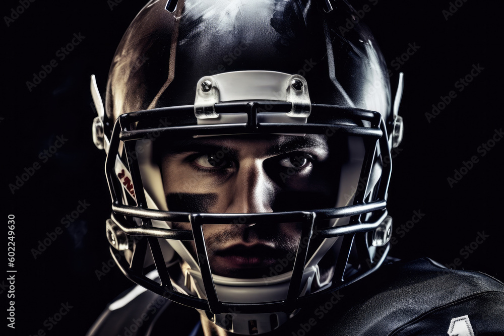 American football player in helmet holding rugby ball, Generative AI American football player in helmet holding rugby ball, Generative AI