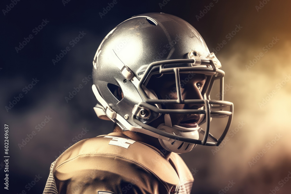 American football player in helmet holding rugby ball, Generative AI