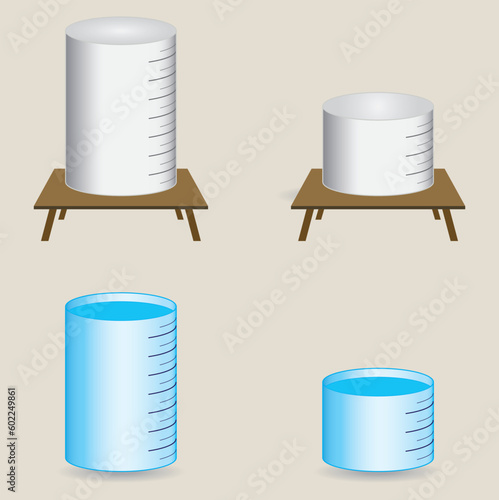 Physics. Scaled, small and large water containers. Science experiment vessels, water-filled and empty vessels on scales and scales.