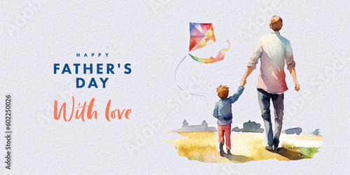 Fathers Day card with cute watercolor illustration of dad with son fly a kite and walking together, modern typography, holiday wishes. Father\'s Day templates for poster, cover, banner, social media