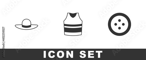 Set Elegant women hat, Undershirt and Sewing button for clothes icon. Vector