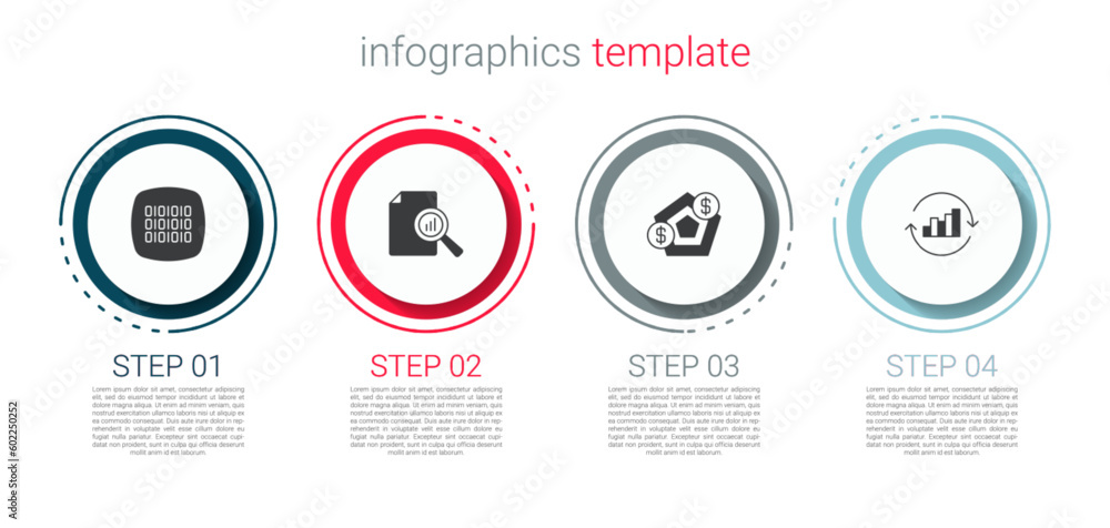 Set Binary code, Document with graph chart, Financial growth and Pie infographic. Business infographic template. Vector Set Binary code, Document with graph chart, Financial growth and Pie infographic. Business infographic template. Vector