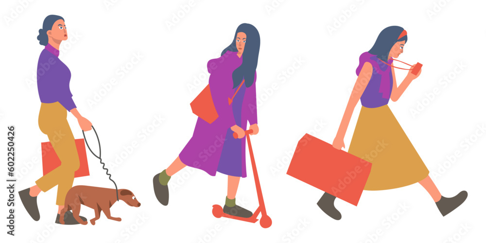 Woman walking with dog and bag. Vector illustration in flat style.