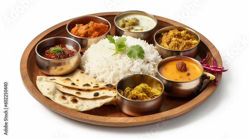  Indian thali, home made food with lentil dal, cauliflower curry, roti, ghee butter, and rice, ai illustration isolated on white 