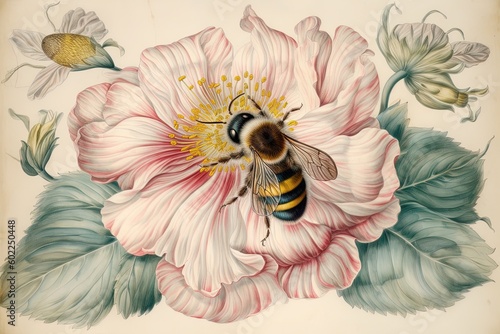 Exquisite Linework and Intricate Details in a Delicate Watercolor Drawing of a Bumblebee, generative AI photo