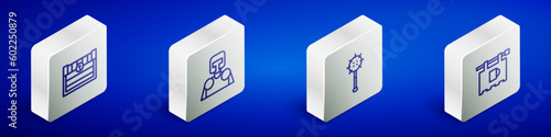 Set Isometric line Antique treasure chest, Medieval knight, chained mace ball and Street signboard with Bar icon. Vector
