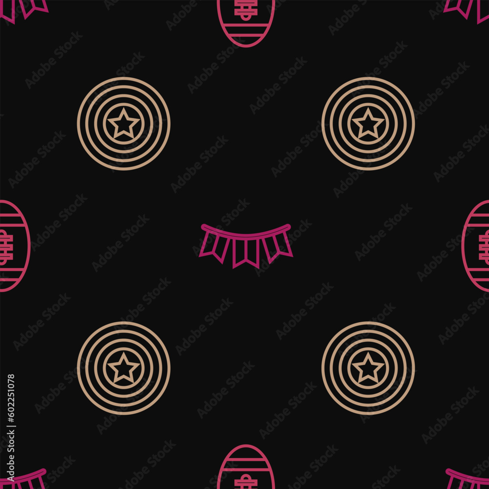 Set line American Football ball, star shield and Carnival garland with flags on seamless pattern. Vector Set line American Football ball, star shield and Carnival garland with flags on seamless pattern. Vector