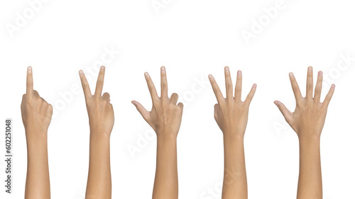 Man showing one to five fingers count signs isolated on white background with Clipping path included. Communication gestures concept