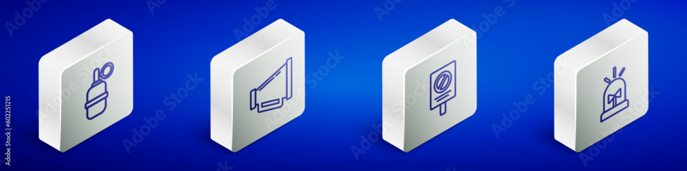 Set Isometric line Hand grenade, Megaphone, Protest and Flasher siren icon. Vector Set Isometric line Hand grenade, Megaphone, Protest and Flasher siren icon. Vector
