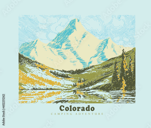 spring mountain vector drawing, outdoor print design. mountain retro print design for t shirt and others. Camping beside of lake graphic artwork.