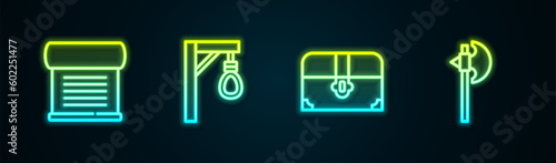 Set line Decree, parchment, scroll, Gallows, Antique treasure chest and Medieval axe. Glowing neon icon. Vector