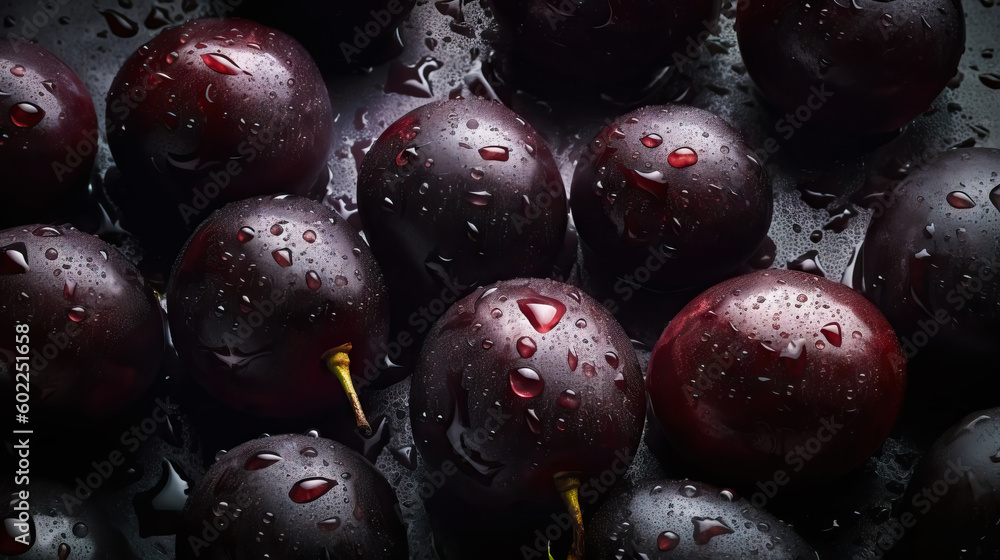 Fresh ripe plums with water drops background. Fruits backdrop. Generative AI Fresh ripe plums with water drops background. Fruits backdrop. Generative AI