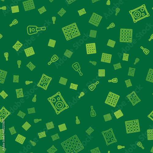 Set line Guitar, Stereo speaker and Drum machine on seamless pattern. Vector