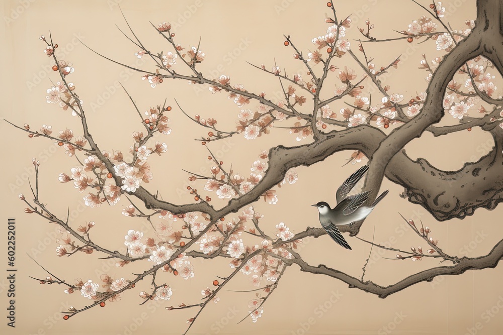 Fototapeta premium Tranquil Cherry Blossom Branch Drawing in Soft Pastel Tones with Intricate Linework, generative AI
