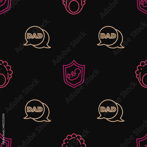 Set line Baby bib, Speech bubble dad and on shield on seamless pattern. Vector
