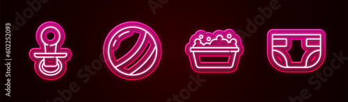 Set line Baby dummy pacifier, Beach ball, bathtub and absorbent diaper. Glowing neon icon. Vector