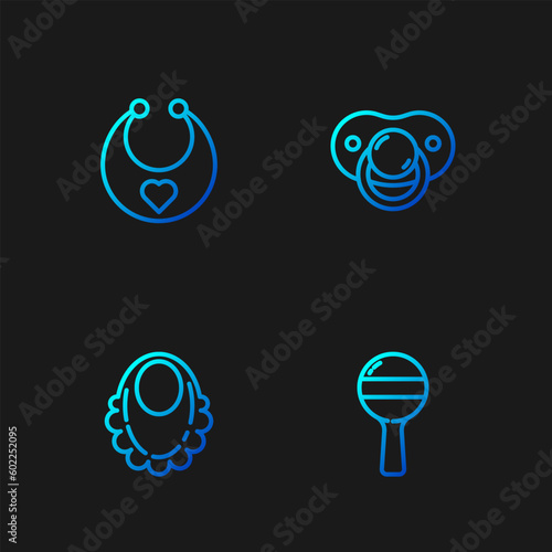 Set line Rattle baby toy, Baby bib, and dummy pacifier. Gradient color icons. Vector