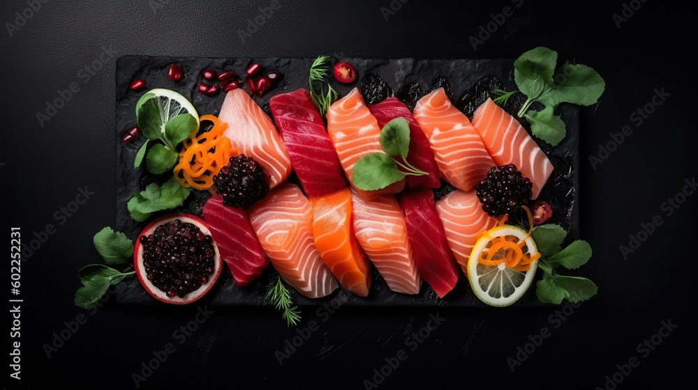 Japanese gourmet sashimi, raw sliced fish on black background, top view ai illustration 