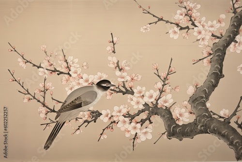 Tranquil Beauty: A Delicate Drawing of a Cherry Blossom Branch in Soft Pastel Tones and Intricate Linework, generative AI