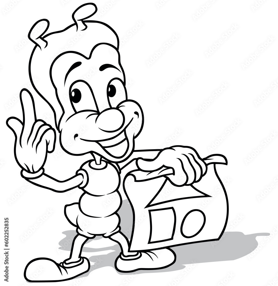 Drawing of a Smiling Ant Holding a Paper with Pictures Drawing of a Smiling Ant Holding a Paper with Pictures
