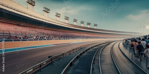 Empty racing track with crowds of people on grandstand