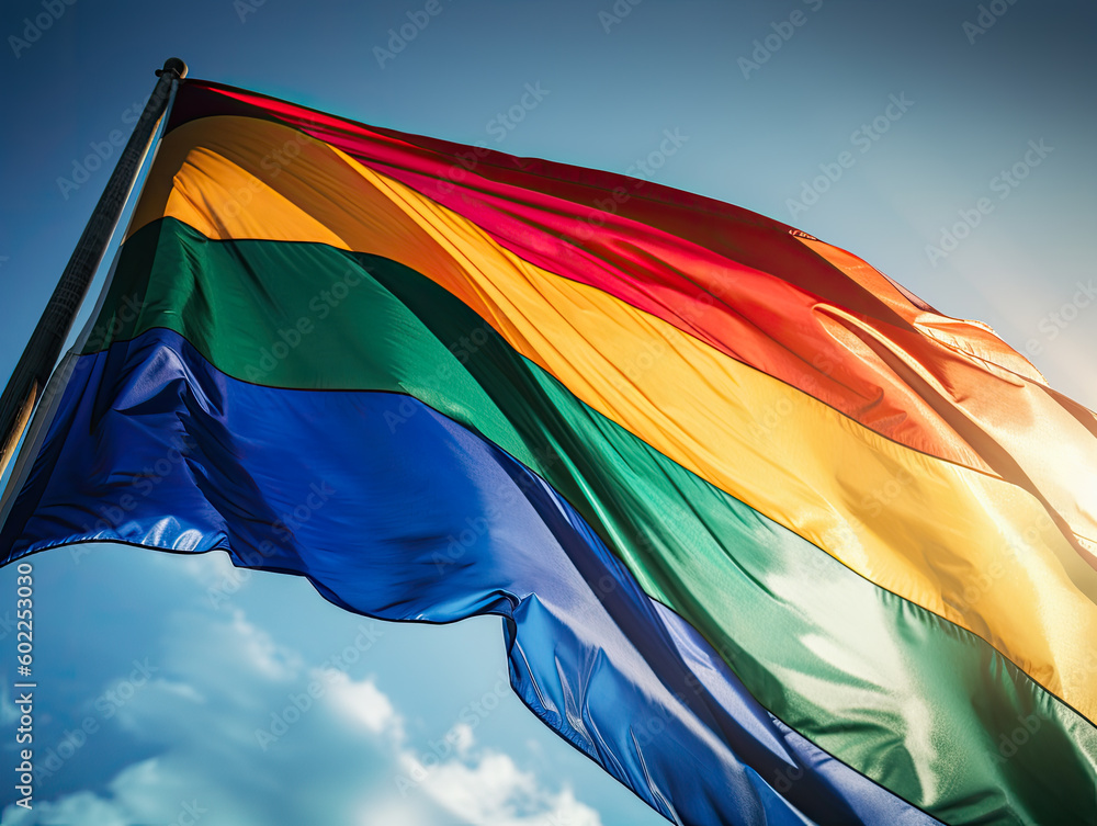 Rainbow flag, a symbol for the LGBT community, waving in the wind with ...