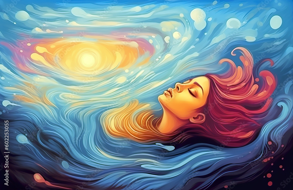 Sleeping girl with long hair dreaming in the waving clouds.Psychic waves concept.Esoteric calming background with soothing colors.Generative AI.